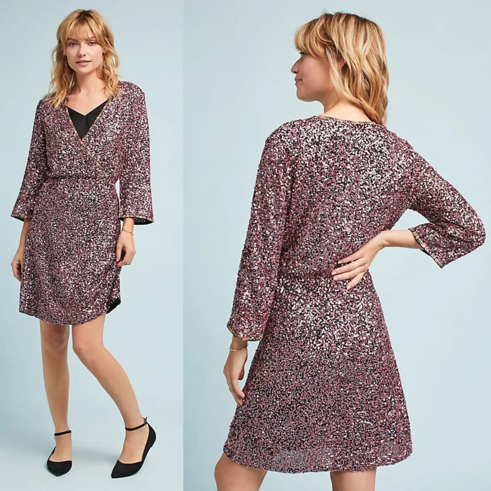 Anthropologie Varun Bahl Purple Pink Sequin Wrap Dress 3/4 Sleeve NWT Size 6 - Picture 1 of 10
